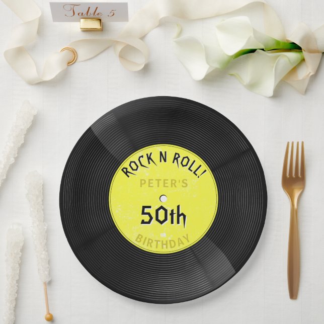 Retro Vinyl Record Rock N Roll Yellow Birthday Paper Plate (Wedding)