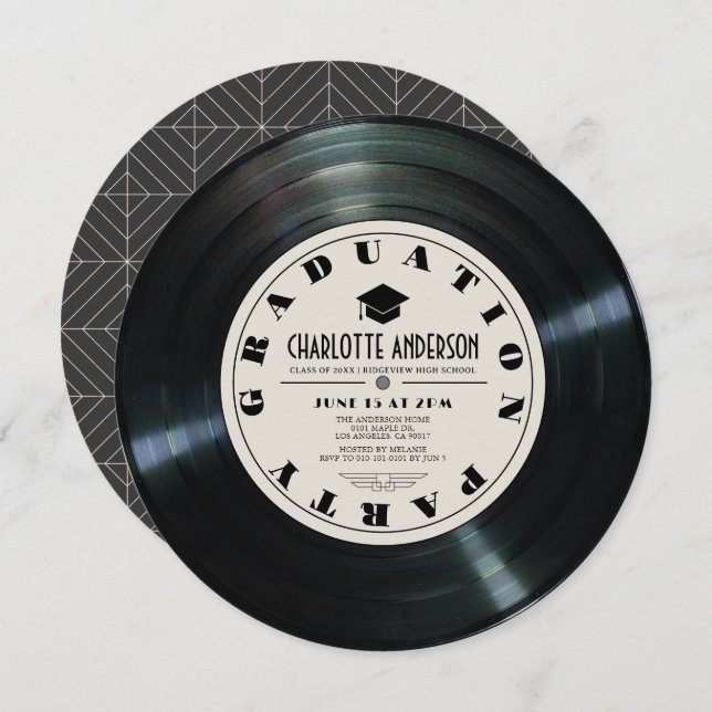 Retro Vinyl Record Tan Graduation Invitation (Front/Back)