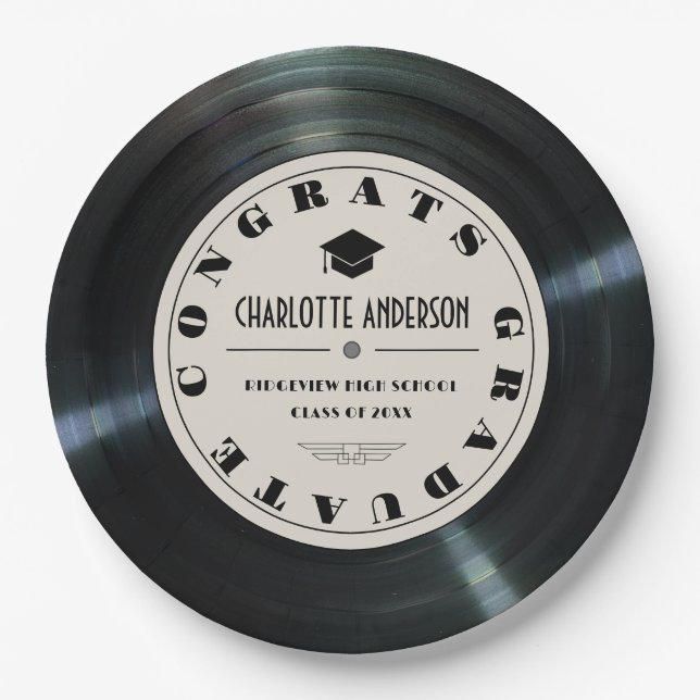 Retro Vinyl Record Tan Graduation Paper Plate (Front)