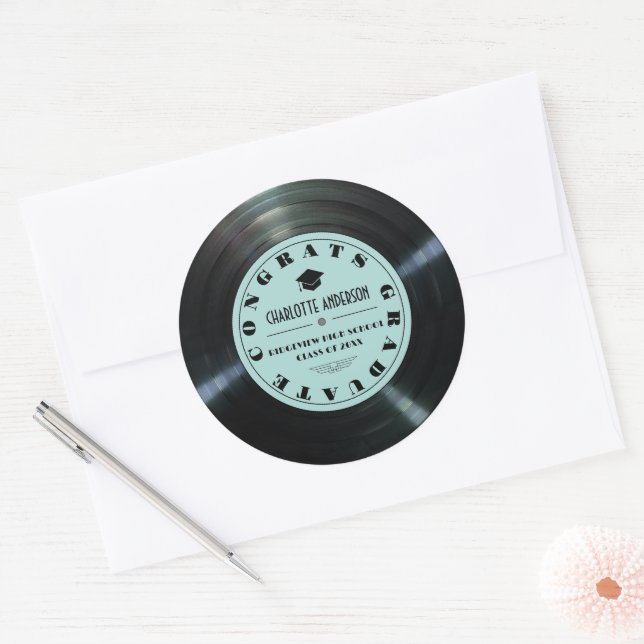 Retro Vinyl Record Turquoise Graduation Classic Round Sticker (Envelope)