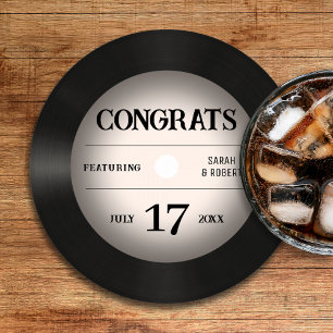 Retro Vinyl Record Wedding Congratulations Round Paper Coaster