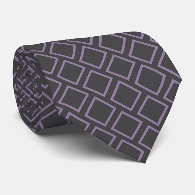 Retro Violet Purple Squares On Dark Grey Neck Tie (Rolled)