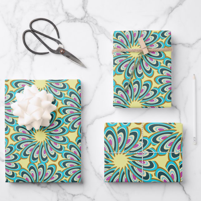 Retro Vortex Petal Burst Pattern Wrapping Paper Sheet (Front)