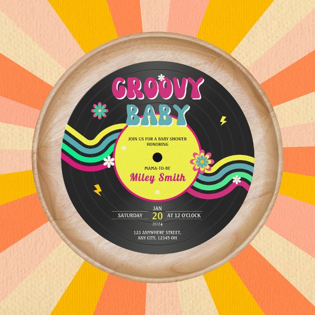 Retro Vynil Record Groovy Baby Shower 80s Neon Invitation (Creator Uploaded)