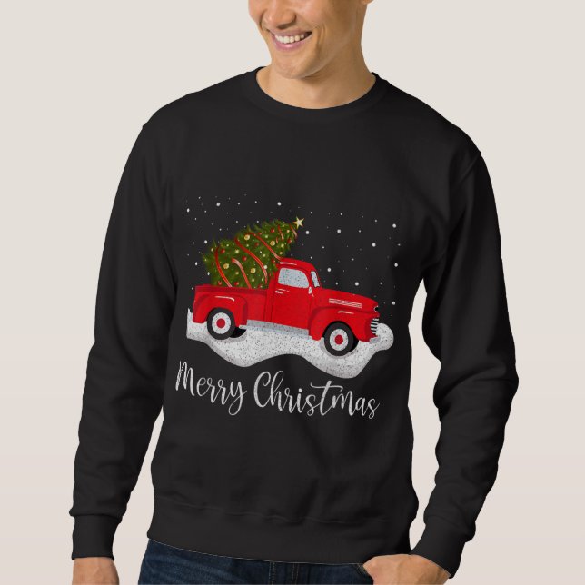 Retro Wagon Merry Christmas Tree on Car Xmas red T Sweatshirt (Front)