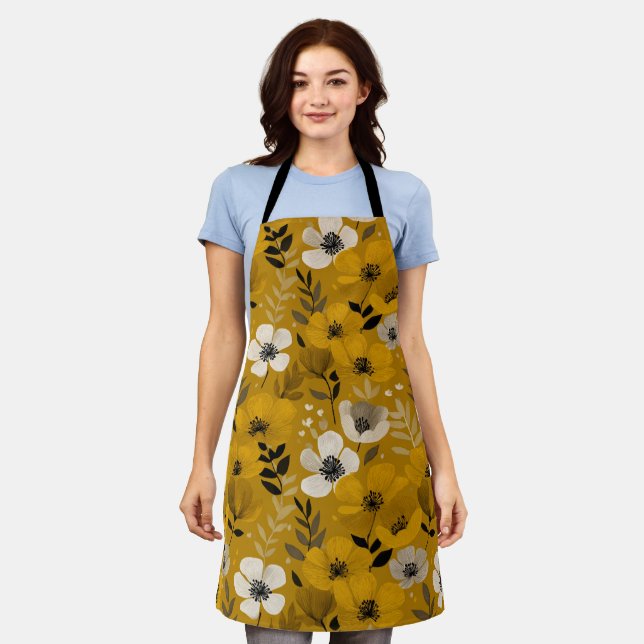 Retro Warm Tone Flower Mustard Floral Pattern Apron (Worn)