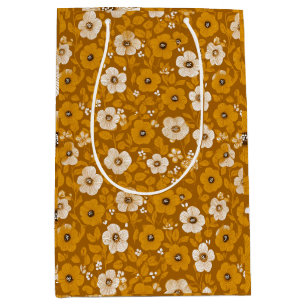 Retro Warm Tone Flower Mustard Floral Pattern Medium Gift Bag