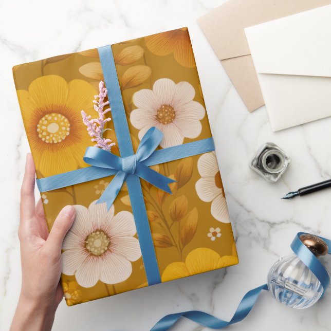 Retro Warm Tone Flower Mustard Floral Pattern Wrapping Paper (Gifting)