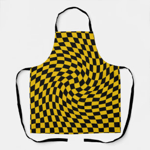 Retro Warped Black Yellow Checks Chequered  Apron