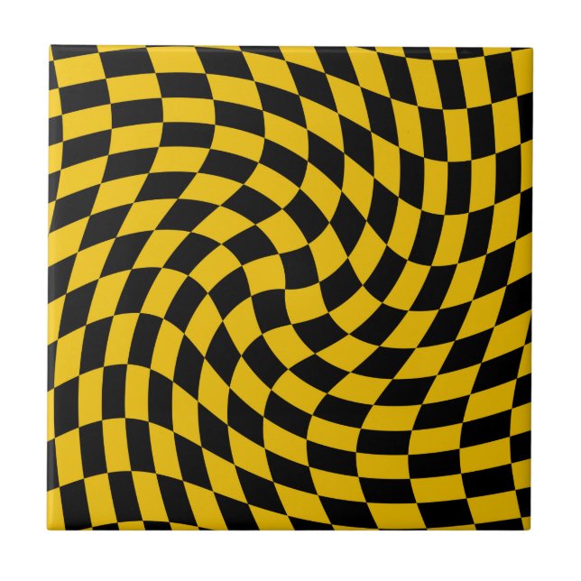 Retro Warped Black Yellow Checks Chequered  Ceramic Tile (Front)