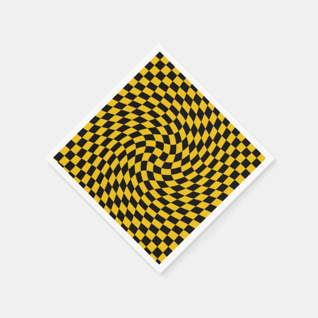 Retro Warped Black Yellow Checks Chequered  Napkin (Corner)