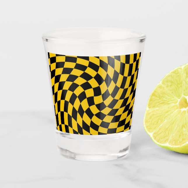 Retro Warped Black Yellow Checks Chequered  Shot Glass (Front)