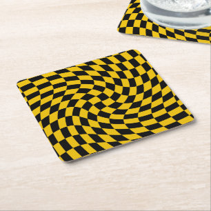 Retro Warped Black Yellow Checks Chequered Square Paper Coaster