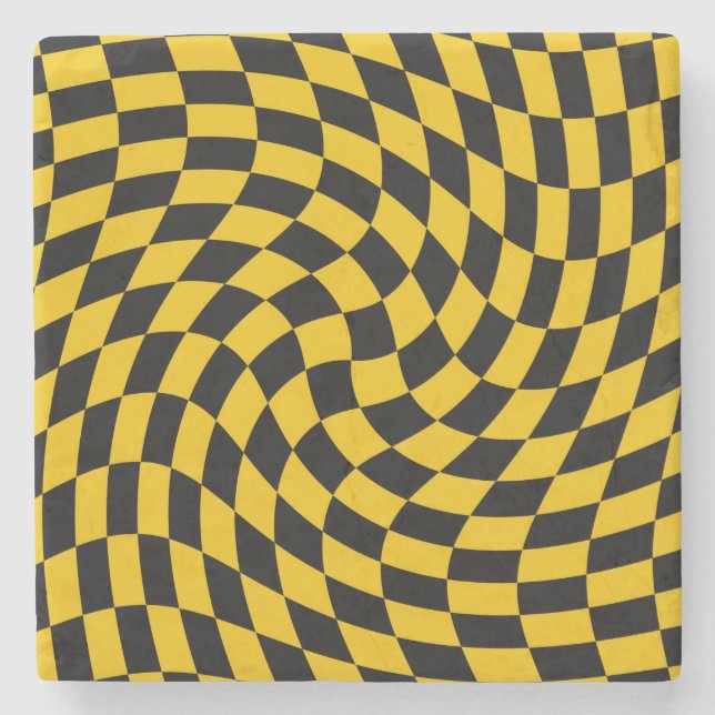 Retro Warped Black Yellow Checks Chequered  Stone Coaster (Front)