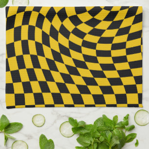 Retro Warped Black Yellow Checks Chequered  Tea Towel