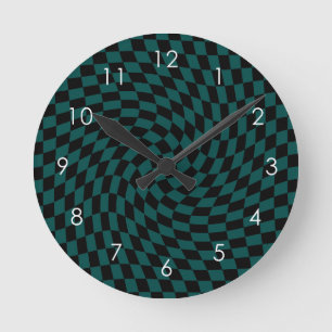 Retro Warped Green Black Checks Chequered      Round Clock