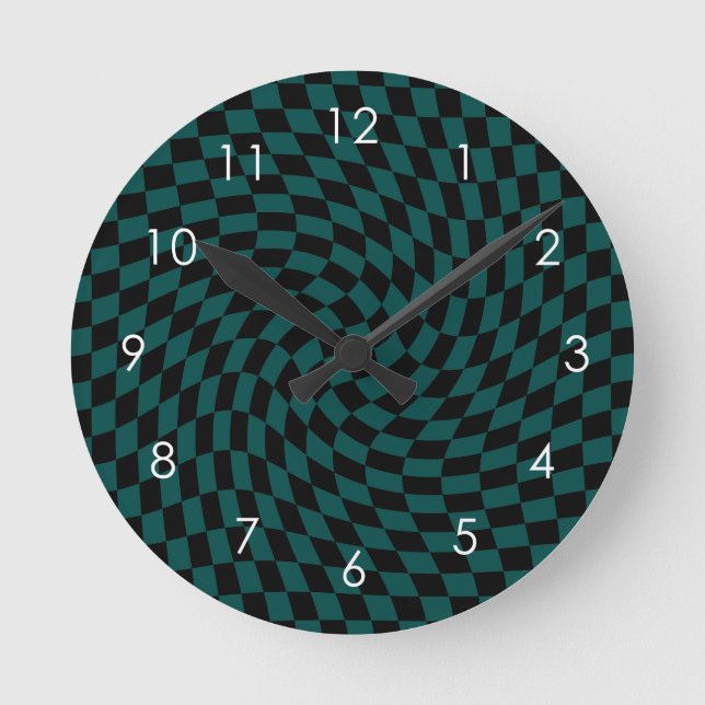 Retro Warped Green Black Checks Chequered      Round Clock (Front)