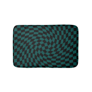 Retro Warped Jungle Green Black Checks Chequered   Bath Mat