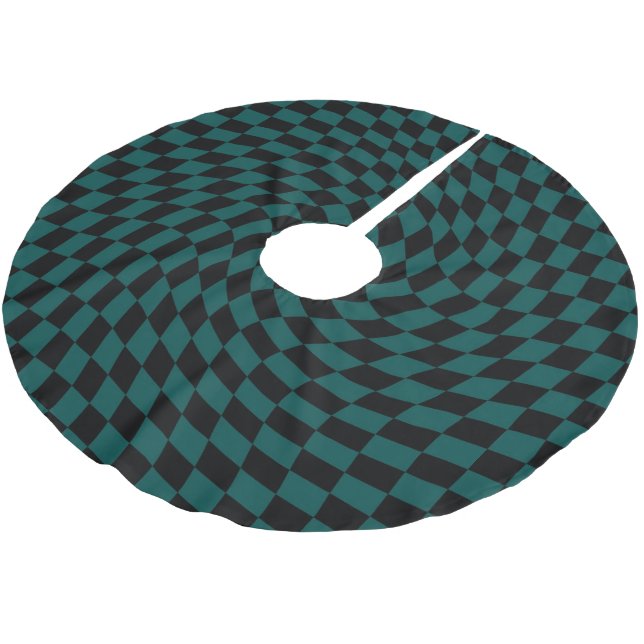 Retro Warped Jungle Green Black Checks Chequered   Brushed Polyester Tree Skirt (Angled)
