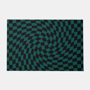 Retro Warped Jungle Green Black Checks Chequered   Doormat