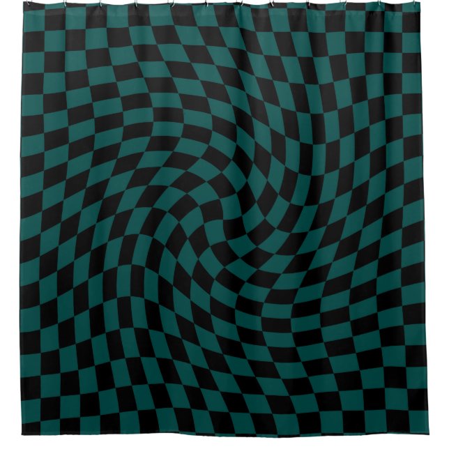Retro Warped Jungle Green Black Checks Chequered   Shower Curtain (Front)
