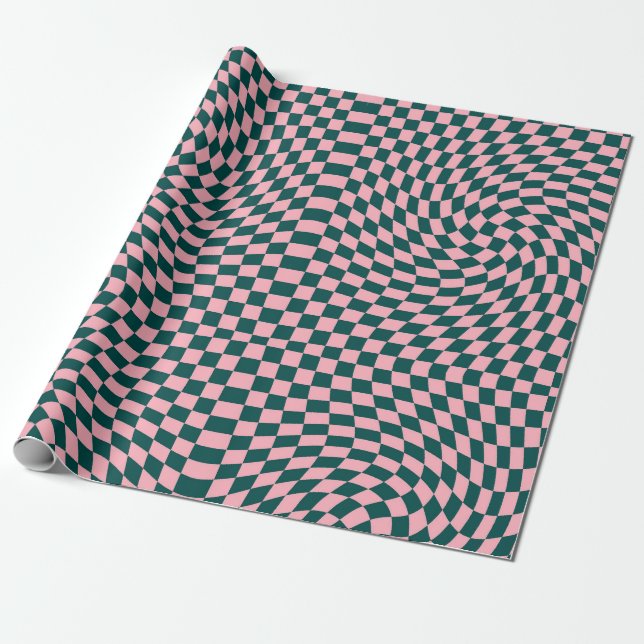 Retro Warped Jungle Green Pink Checks Chequered   Wrapping Paper (Unrolled)