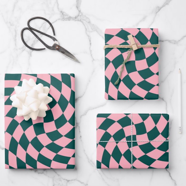 Retro Warped Jungle Green Pink Checks Chequered Wrapping Paper Sheet (Front)