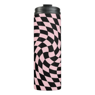 Retro Warped Pastel Black Pink Checks Chequered Thermal Tumbler