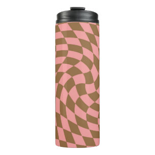 Retro Warped Pastel Coral Brown Checks Chequered   Thermal Tumbler