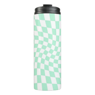 Retro Warped Pastel Mint Green Checks Chequered  Thermal Tumbler