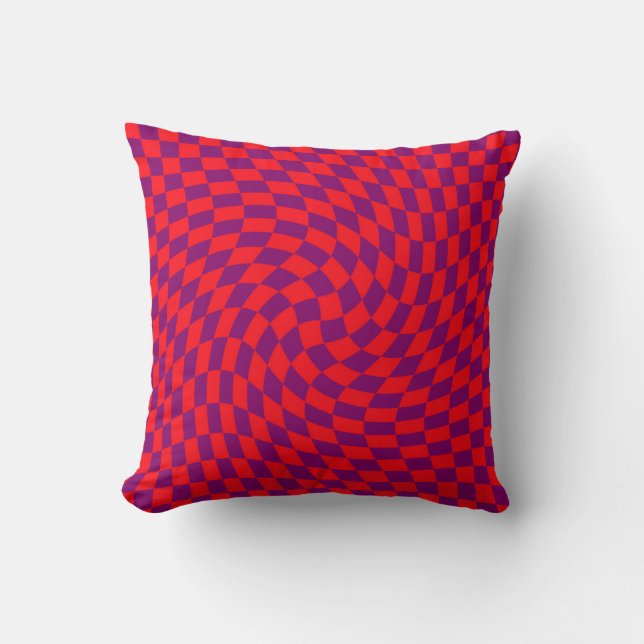 Retro Warped Red Purple Checks Chequered   Cushion (Front)
