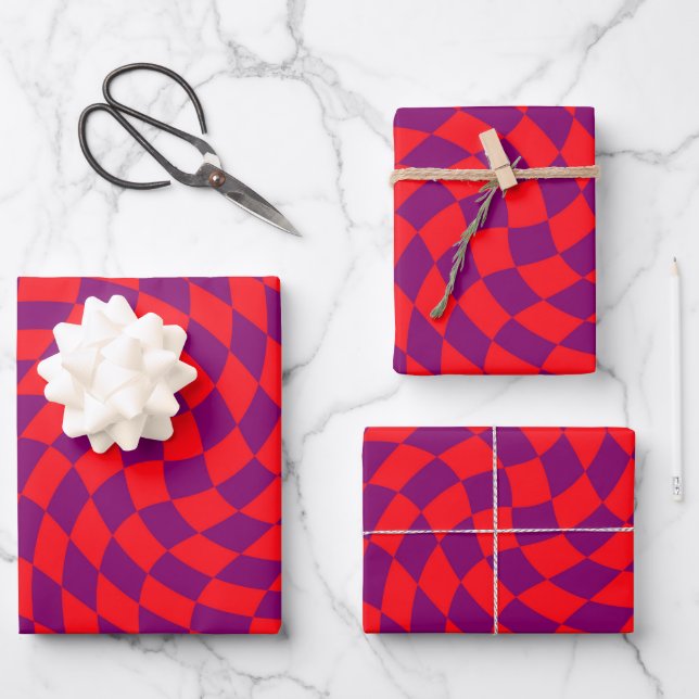 Retro Warped Red Purple Checks Chequered    Wrapping Paper Sheet (Front)