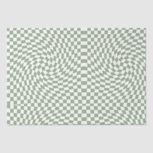 Retro Warped Sage Green White Checks Chequered Tissue Paper