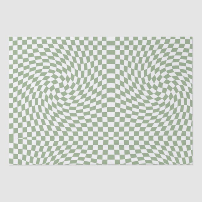 Retro Warped Sage Green White Checks Chequered Tissue Paper (Front)