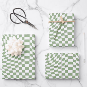 Retro Warped Sage Green White Checks Chequered  Wrapping Paper Sheet