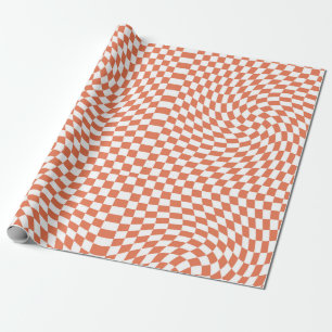 Retro Warped Terracotta White Checks Chequered    Wrapping Paper
