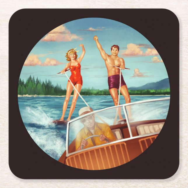 Retro Water Skiing Square Paper Coaster (Front)