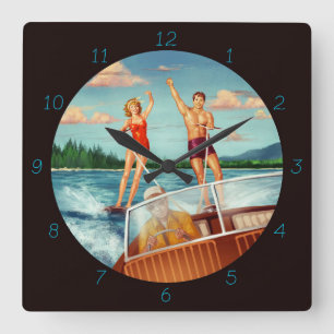 Retro Water Skiing Square Wall Clock