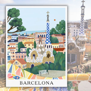 Retro Watercolor Barcelona Spain Travel Postcard