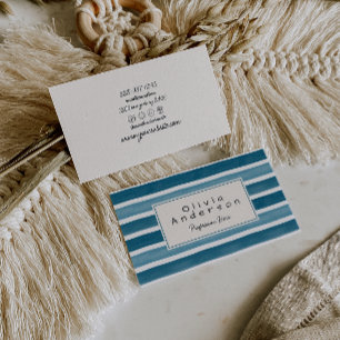 Retro Watercolor Blue Teal Stripes Trendy Unique Business Card