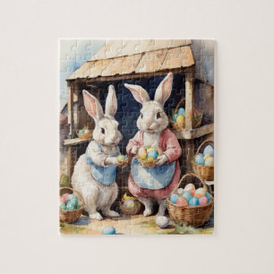 Retro Watercolor Bunny Easter Egg Market Jigsaw Puzzle