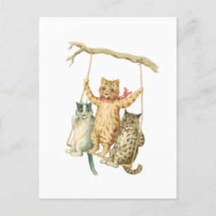 Retro Watercolor Cartoon Cats Swinging From a Tree Postcard