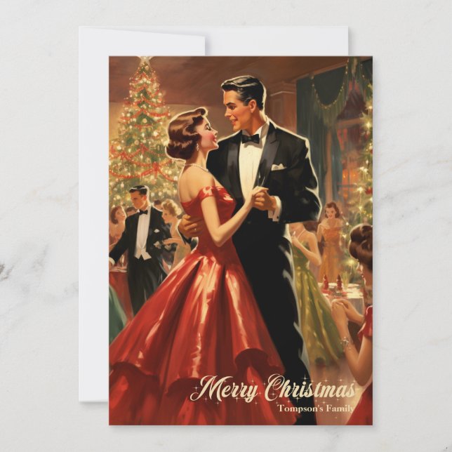 Retro watercolor Christmas family dancing Holiday Card (Front)