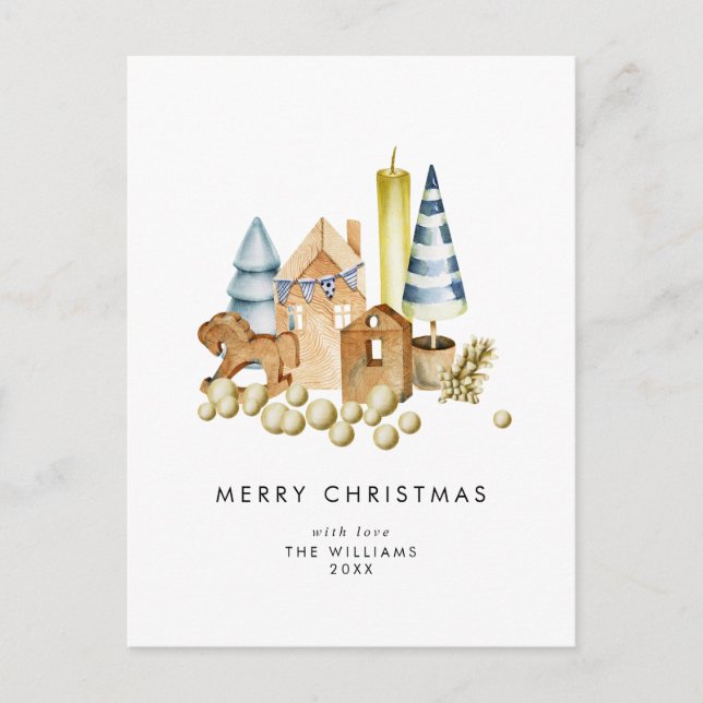 Retro Watercolor Christmas Toys  Holiday Postcard (Front)