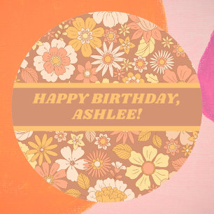 Retro Watercolor Floral Flowers Happy Birthday Classic Round Sticker