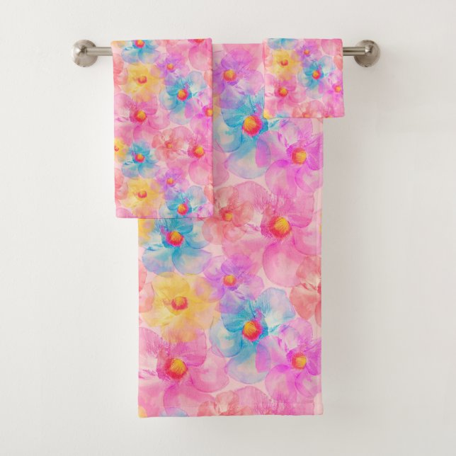 Retro Watercolor Floral Pattern Bath Towel Set (Insitu)