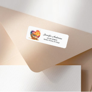 Retro Watercolor Heart Beach Label Return Address Label