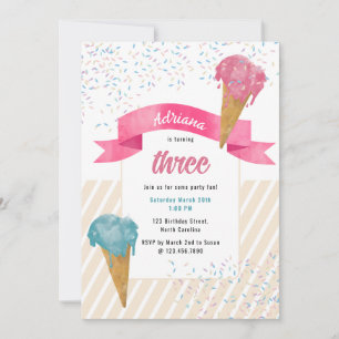 Retro Watercolor Ice Cream & Sprinkles Birthday  Invitation