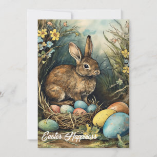 Retro watercolor illustration Easter rabbit  Holiday Card