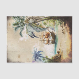 Retro Watercolor Pirate Ship Palm Tree Decoupage Tissue Paper